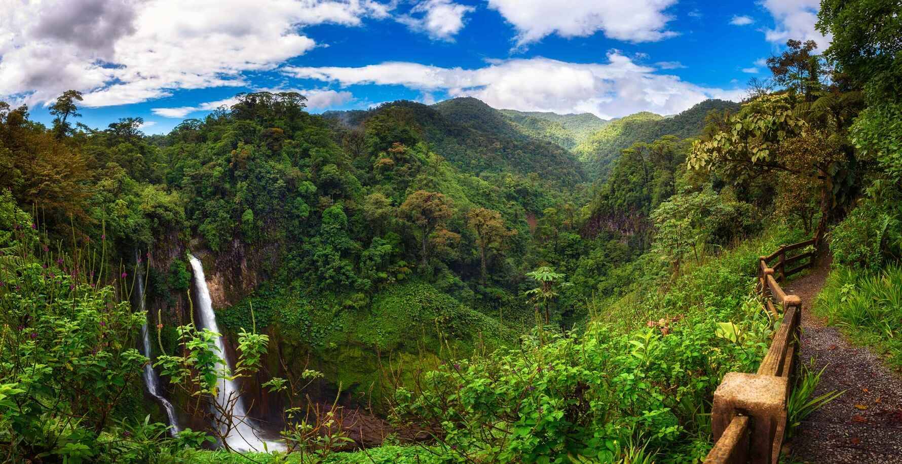 A view of a forest landscape and waterfall in Costa Rica
