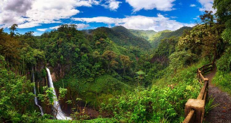 A view of a forest landscape and waterfall in Costa Rica
