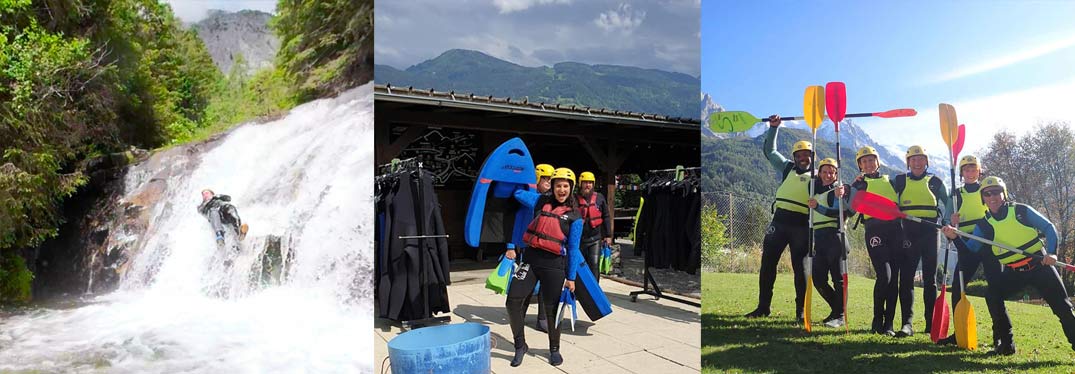 three images showing people in wetsuits with paddles and helmets